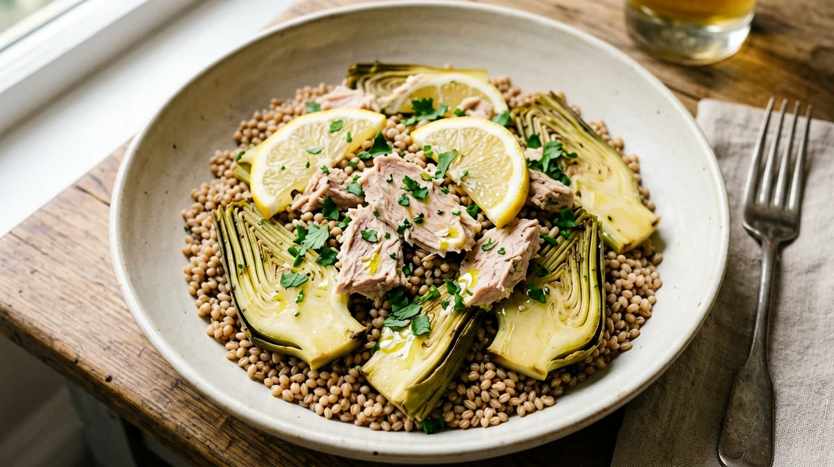 Insalata di farro con tonno, carciofi e limone
