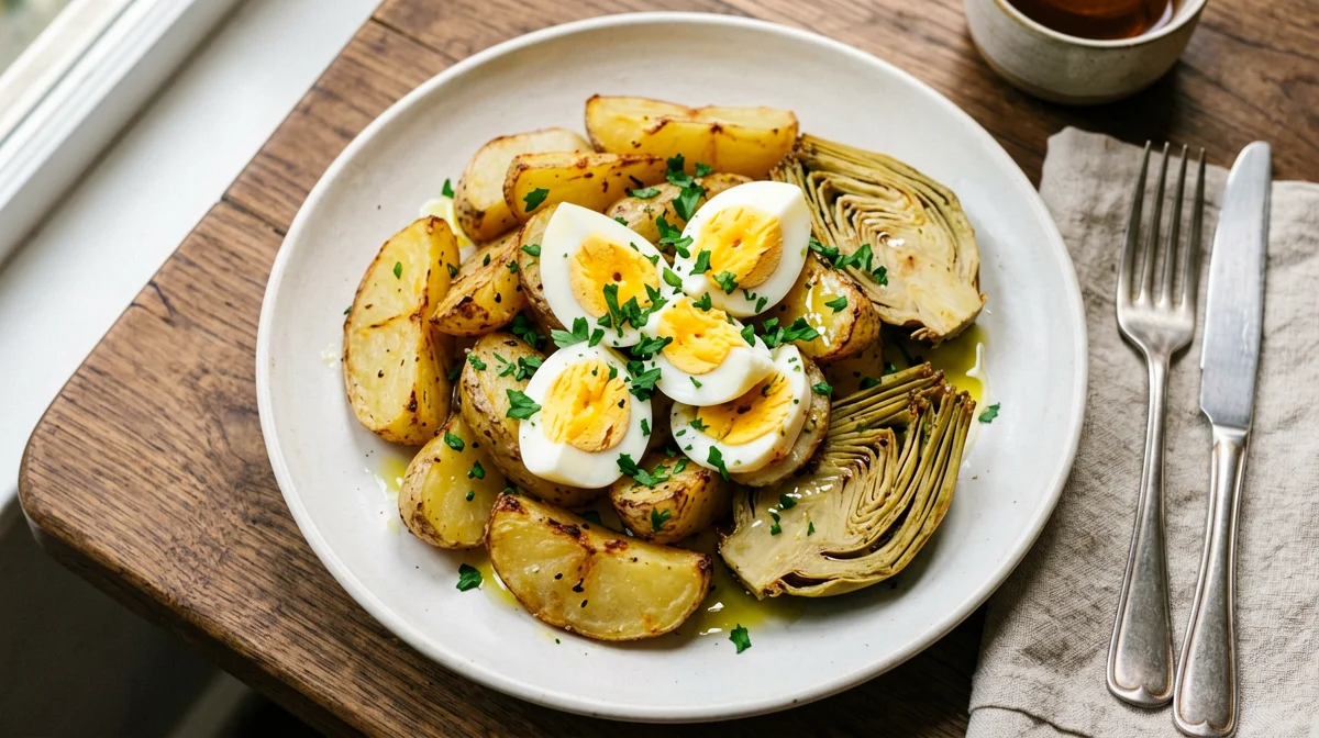 Insalata tiepida di patate, carciofi e uova sode