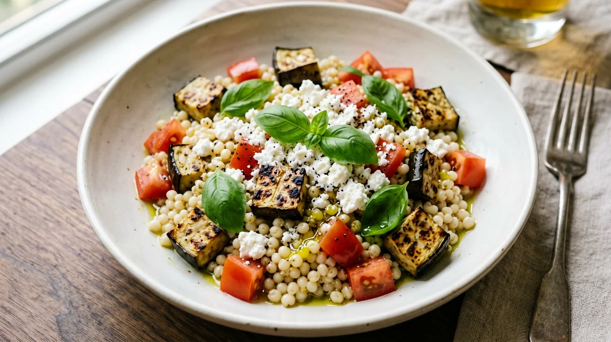 Insalata d'orzo con melanzane grigliate, pomodori e ricotta salata
