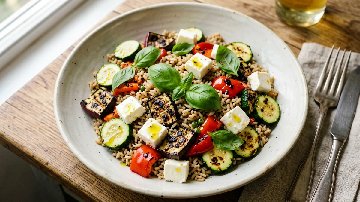 Brown rice salad with grilled vegetables and light mozzarella