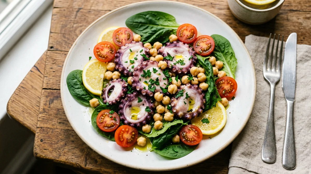 Insalata di polpo, ceci e rucola al limone