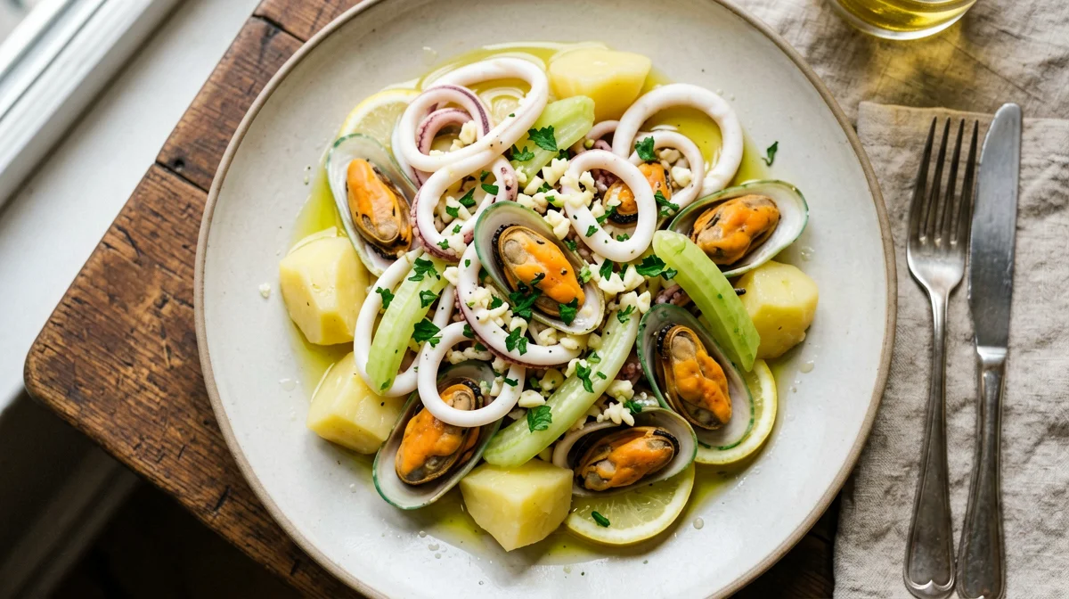 Warm squid, mussel and potato salad with parsley