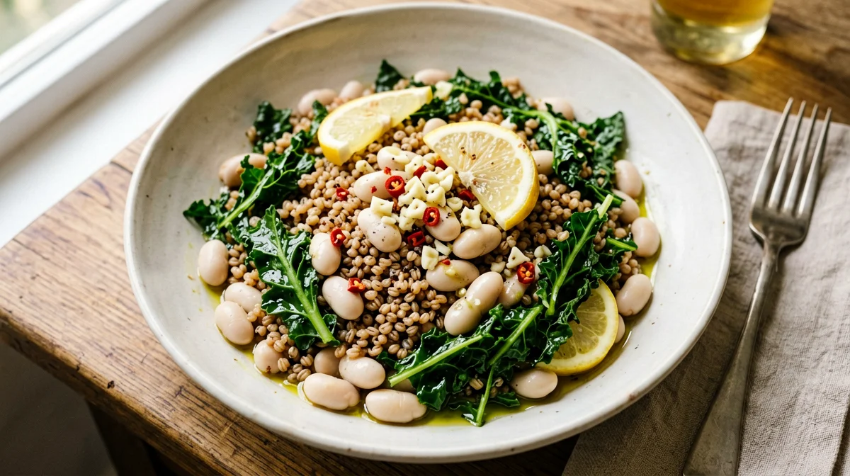 Insalata tiepida di cavolo nero, farro e cannellini