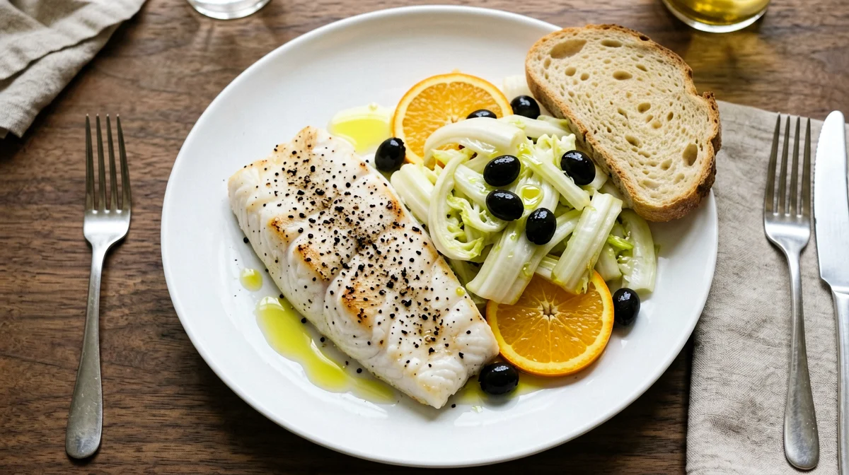 Baked cod with fennel, orange and olive salad and bread