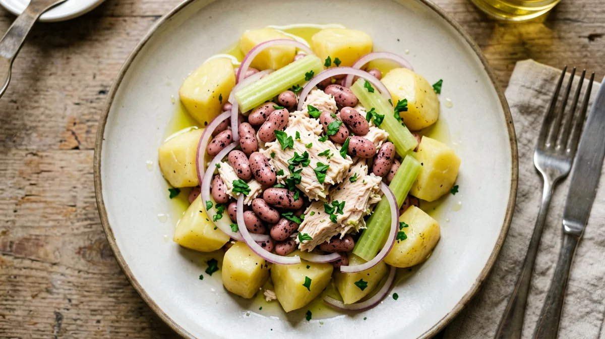 Insalata di borlotti, tonno e sedano con patate