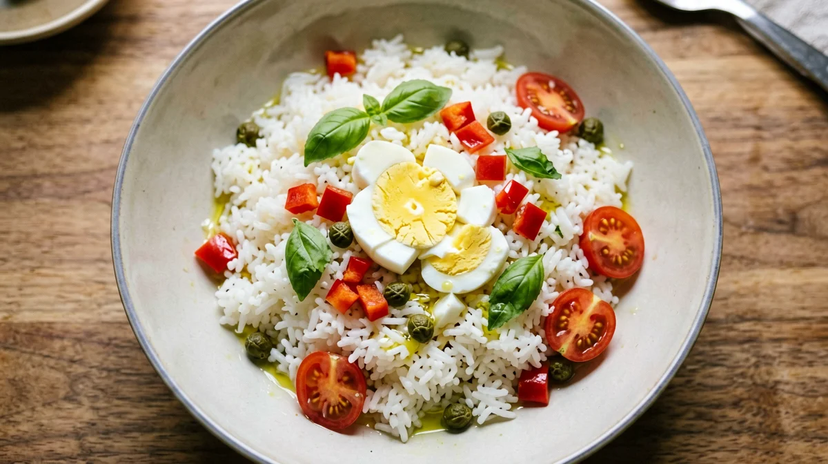 Rice salad with boiled eggs, peppers and capers