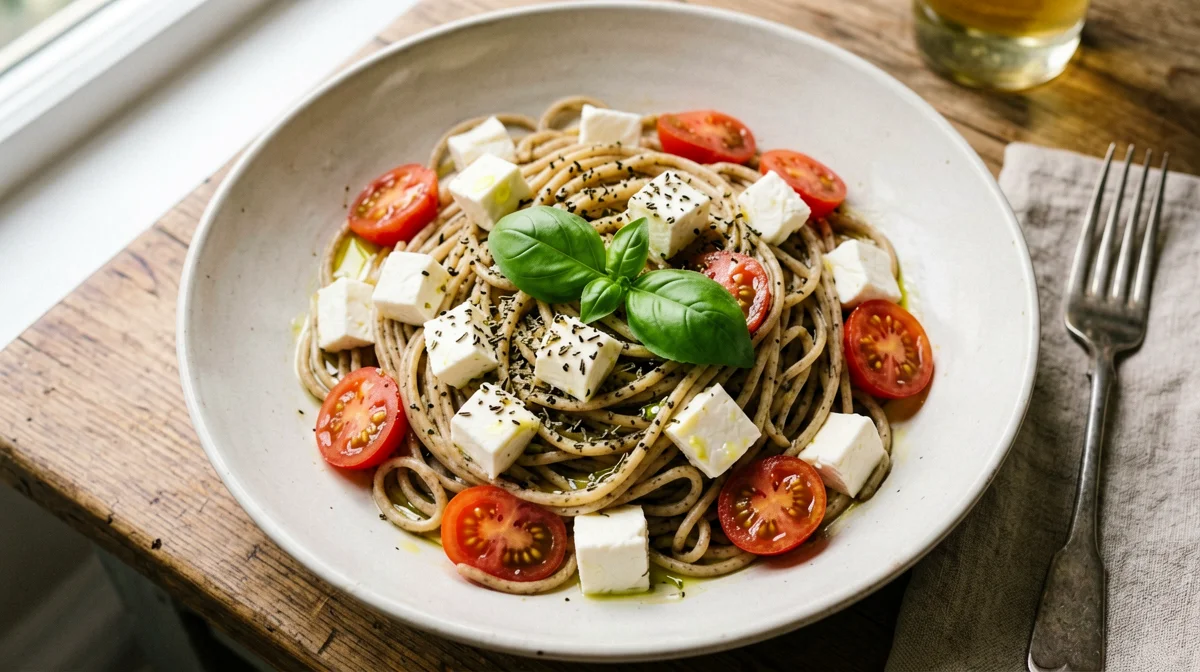 Pasta fredda integrale con mozzarella, pomodorini e basilico