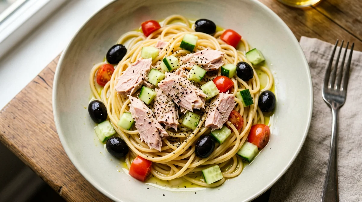 Cold pasta with tuna, black olives and cucumber