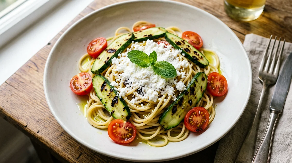 Cold pasta with grilled zucchini, mint and ricotta salata