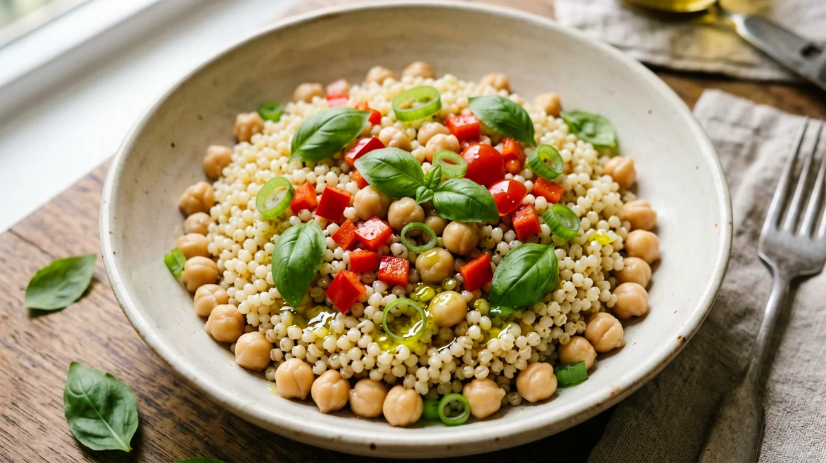 Insalata d'orzo con ceci, peperoni e basilico