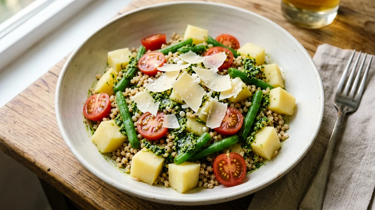 Pesto farro salad with potatoes and green beans