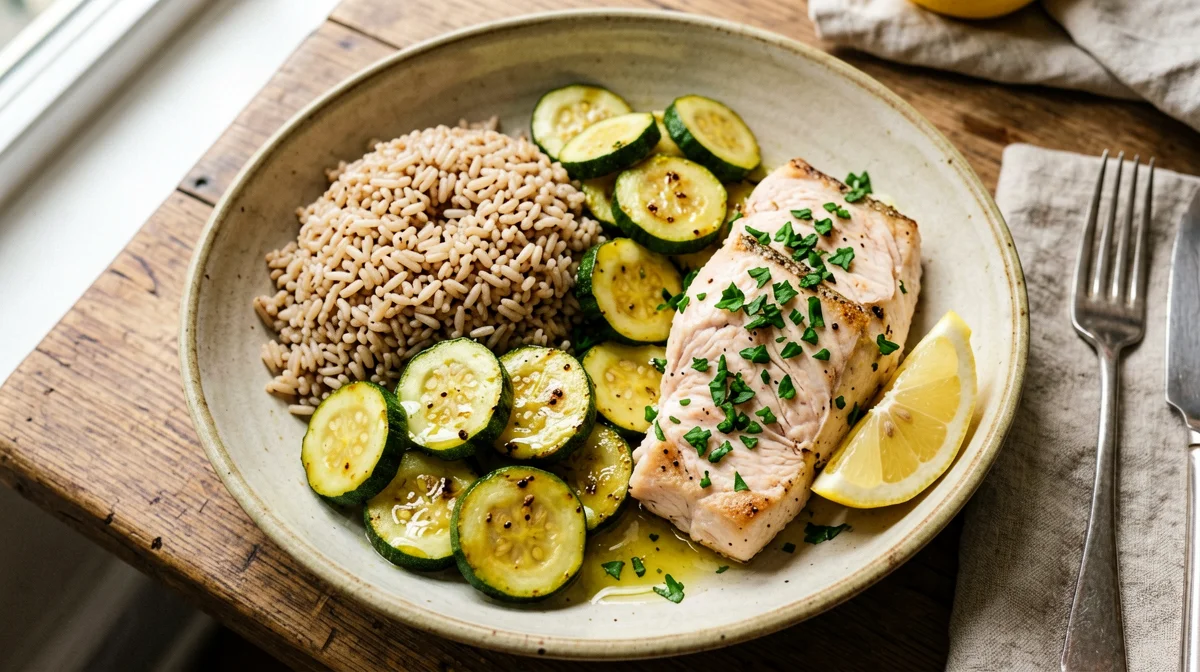 Brown rice bowl with baked trout, zucchini and lemon