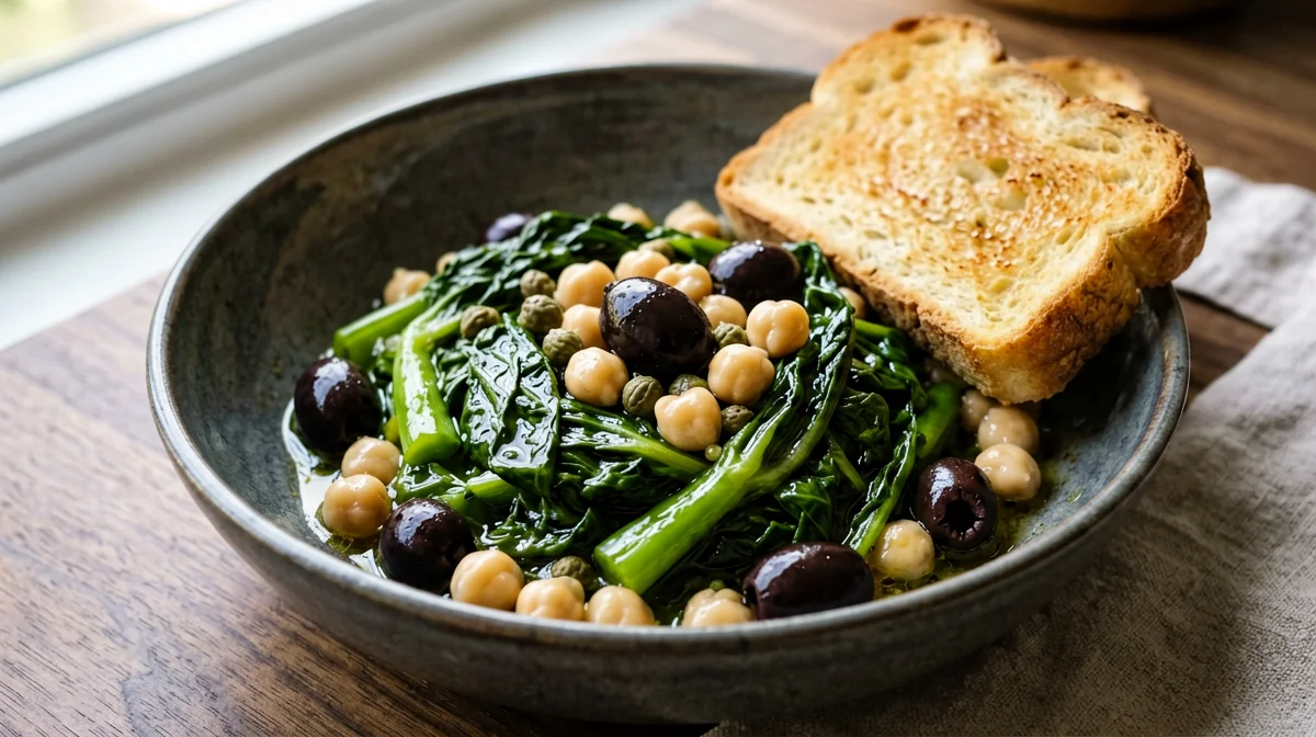 Scarola tiepida con ceci, olive e pane tostato