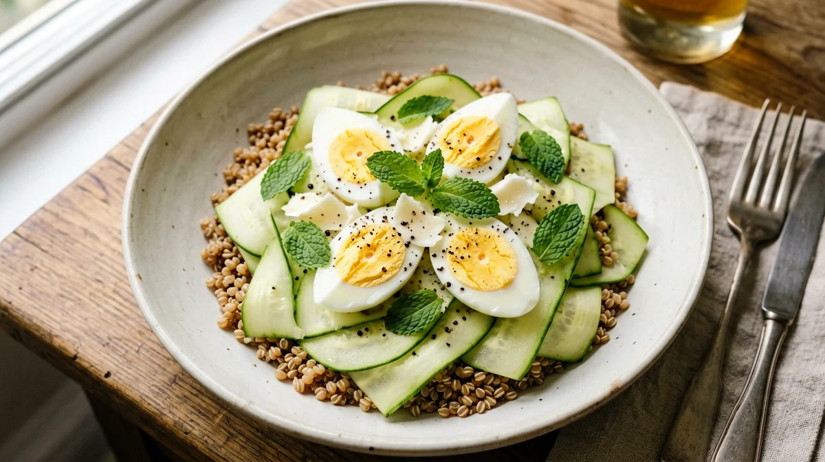 Farro salad with boiled eggs, raw zucchini and pecorino