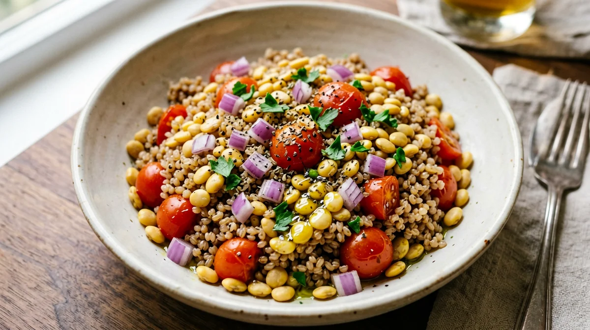 Insalata di farro con lupini, pomodorini e cipolla rossa