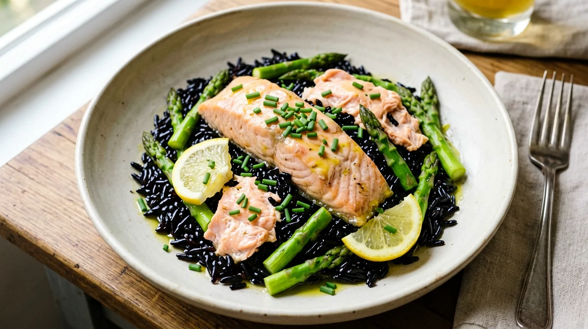 Insalata di riso Venere con salmone al vapore e asparagi