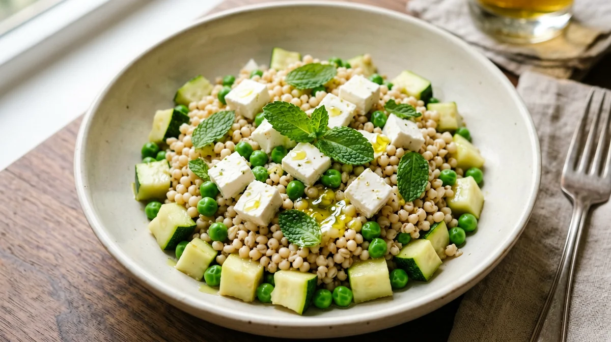 Insalata d'orzo con zucchine, piselli, menta e primo sale