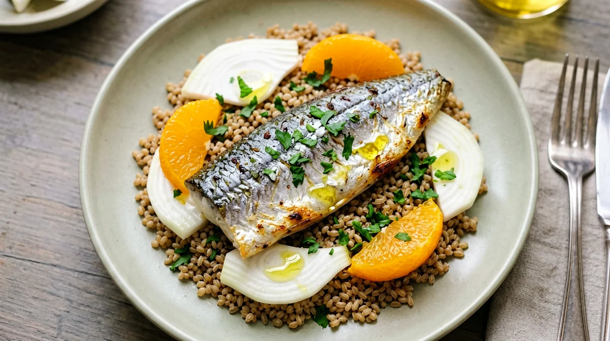 Farro salad with sardines, fennel and orange