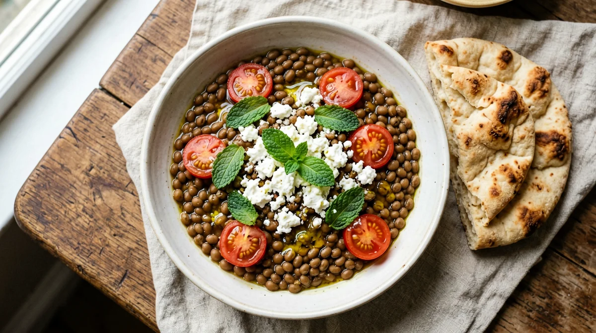 Warm lentils with feta, cherry tomatoes and mint