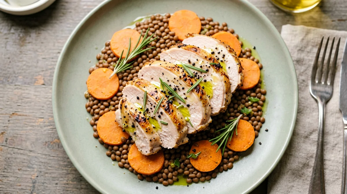 Warm lentils with roast turkey and carrots