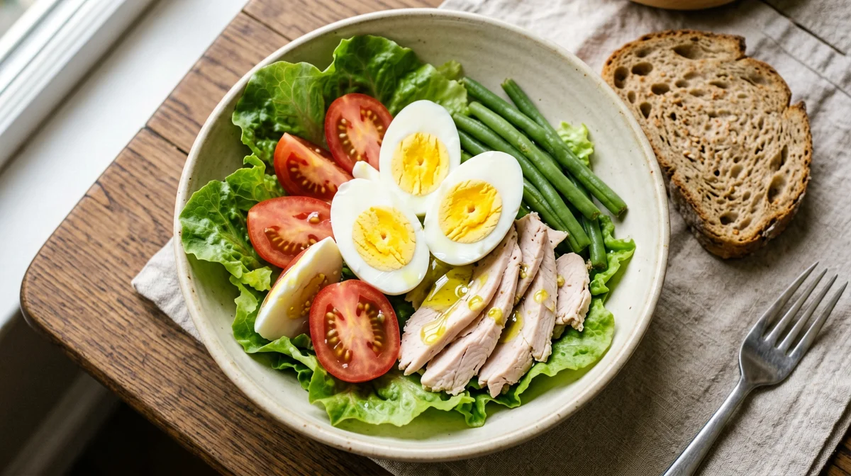 Big salad with turkey, green beans, tomatoes and boiled egg