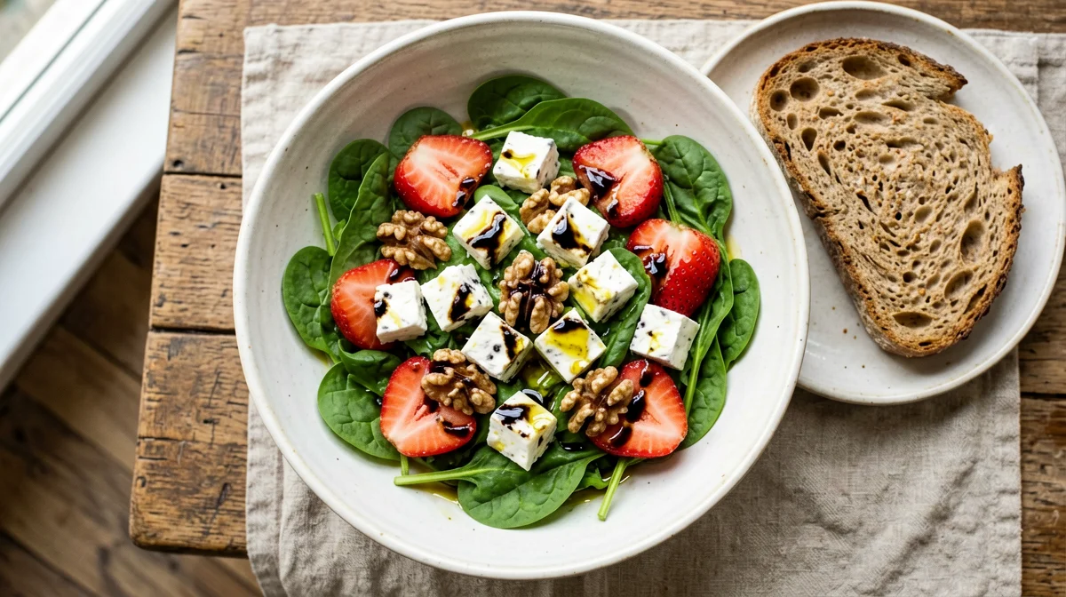 Insalatona di spinaci novelli, fragole, primo sale e pane integrale