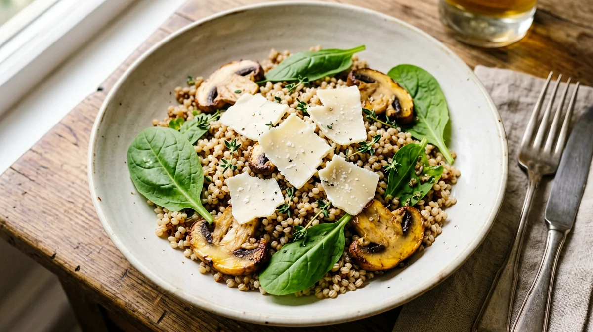 Farro salad with button mushrooms, rocket and Grana