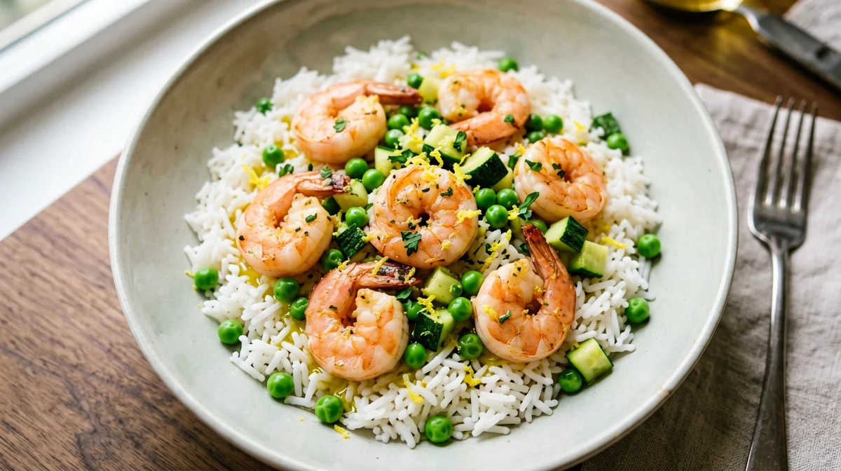 Rice salad with prawns, peas and zucchini