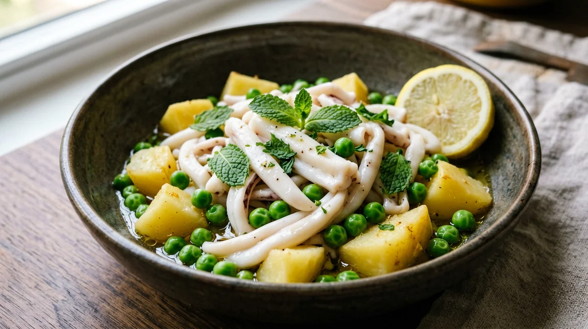 Seppie tiepide con piselli, patate e menta