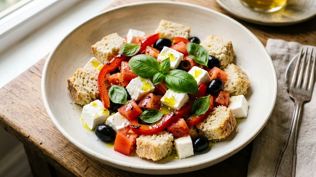 Panzanella con peperoni grigliati, mozzarella e olive