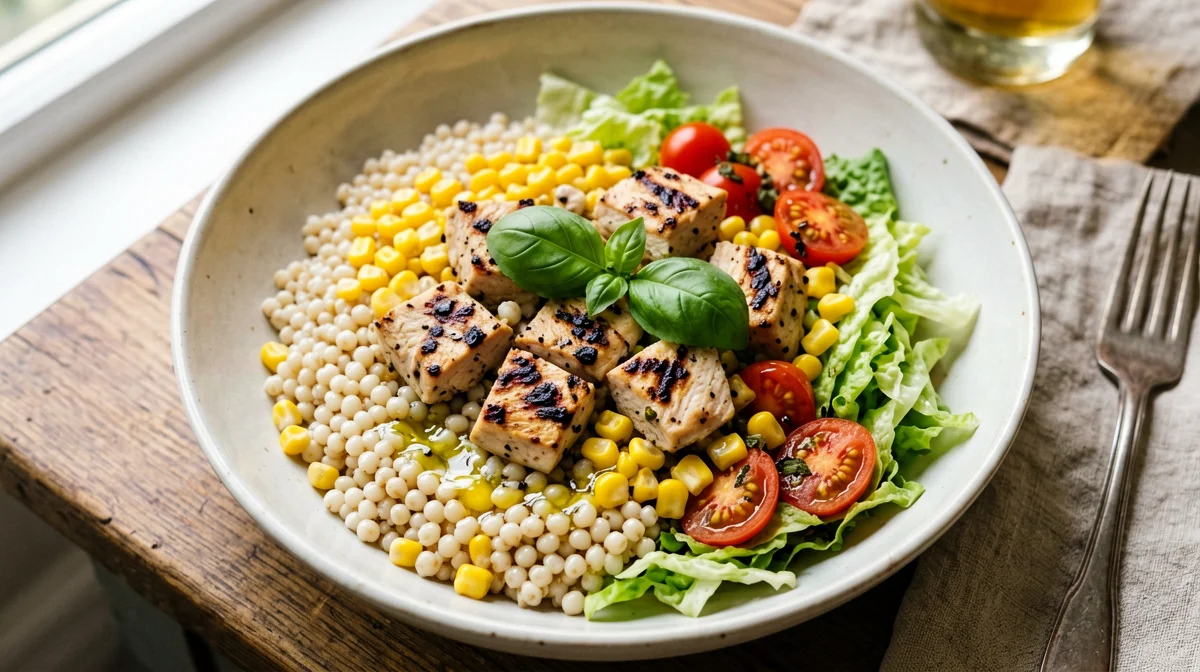 Insalata d'orzo con pollo, mais e pomodorini
