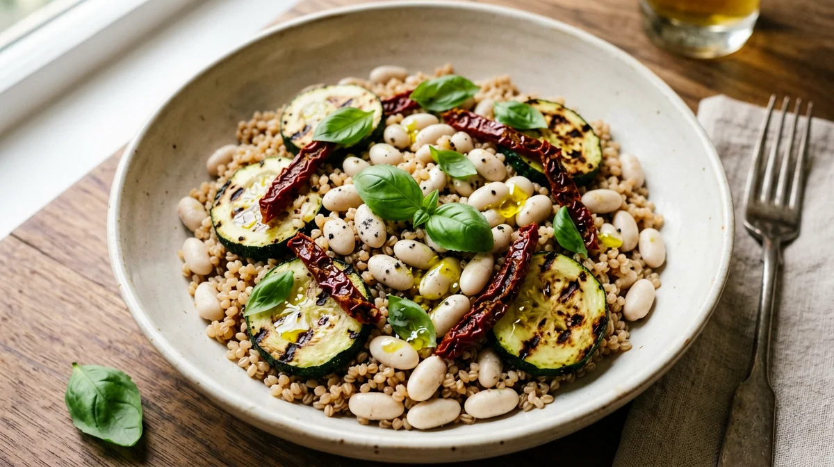 Insalata di farro e cannellini con zucchine grigliate e pomodori secchi
