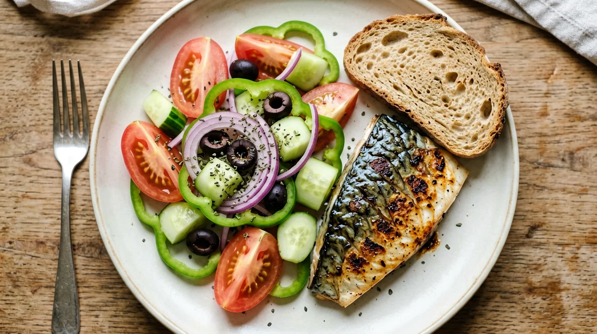 Insalata horiatiki con sgombro e pane integrale