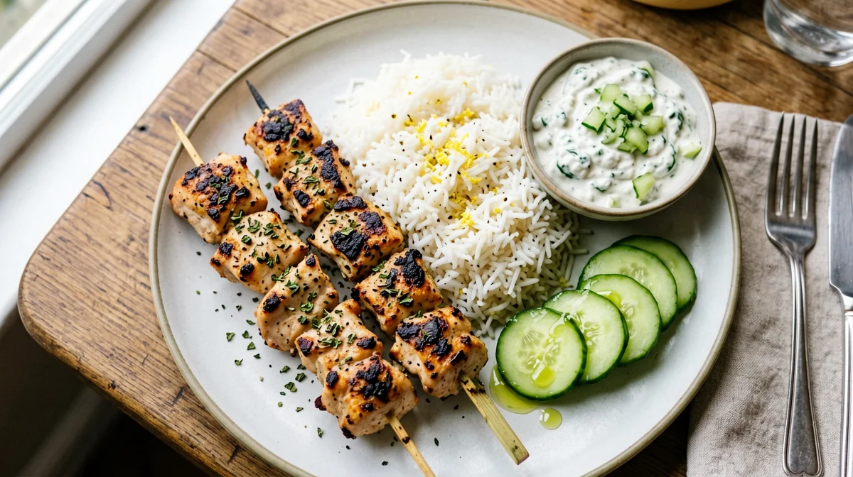 Souvlaki di pollo con riso al limone, tzatziki e insalata di cetrioli