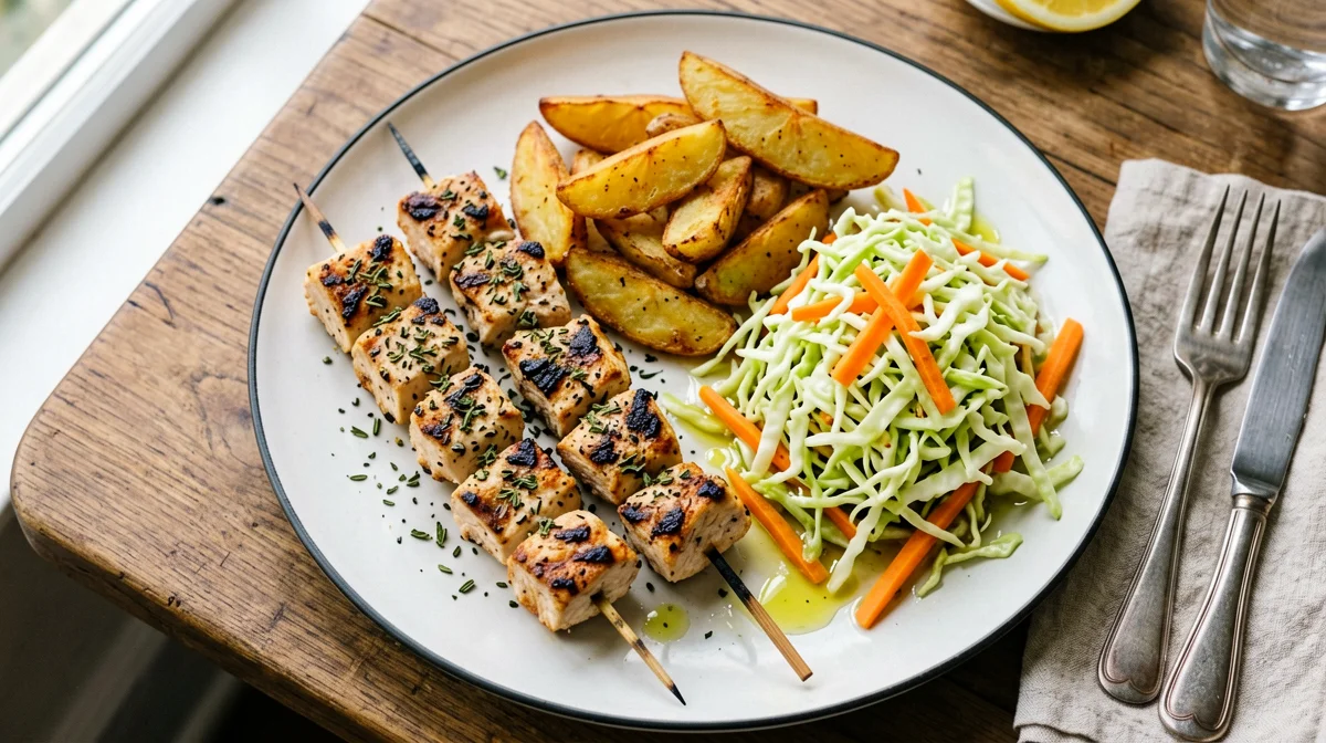 Turkey souvlaki with roast potatoes and cabbage salad