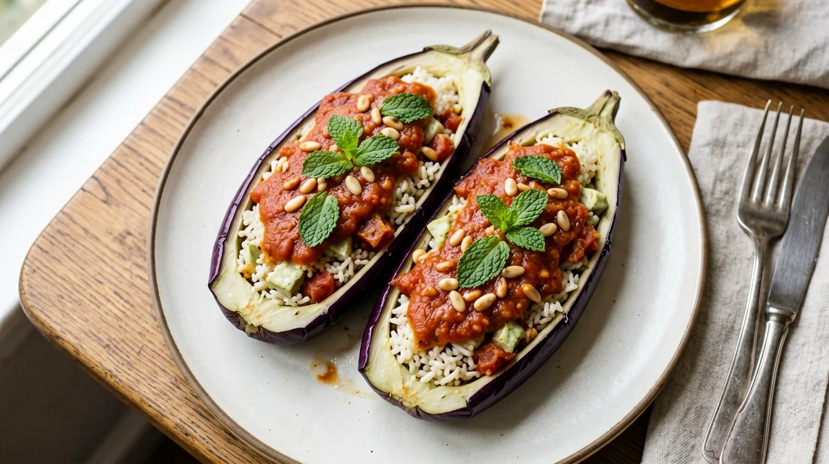 Greek-style aubergine stuffed with rice, tomato and mint