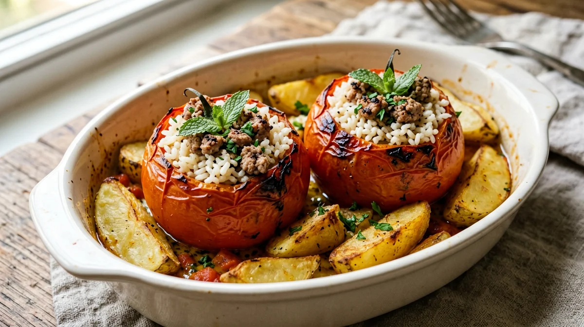 Pomodori ripieni di riso e macinato di tacchino alla greca