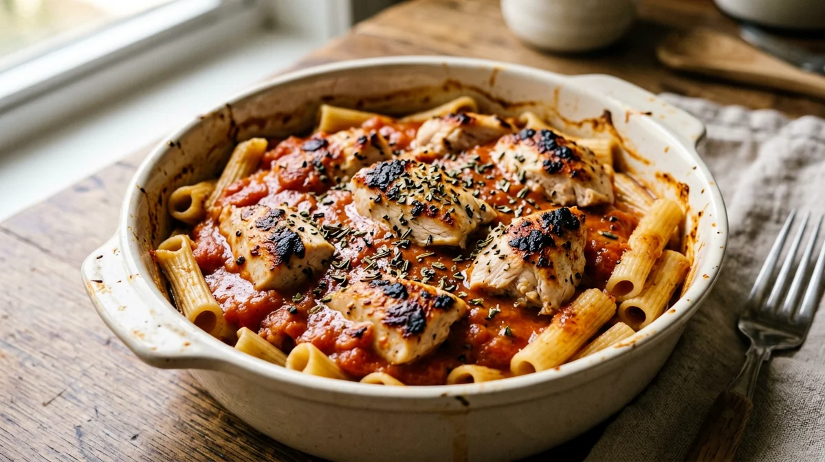 Chicken giouvetsi with pasta and tomato