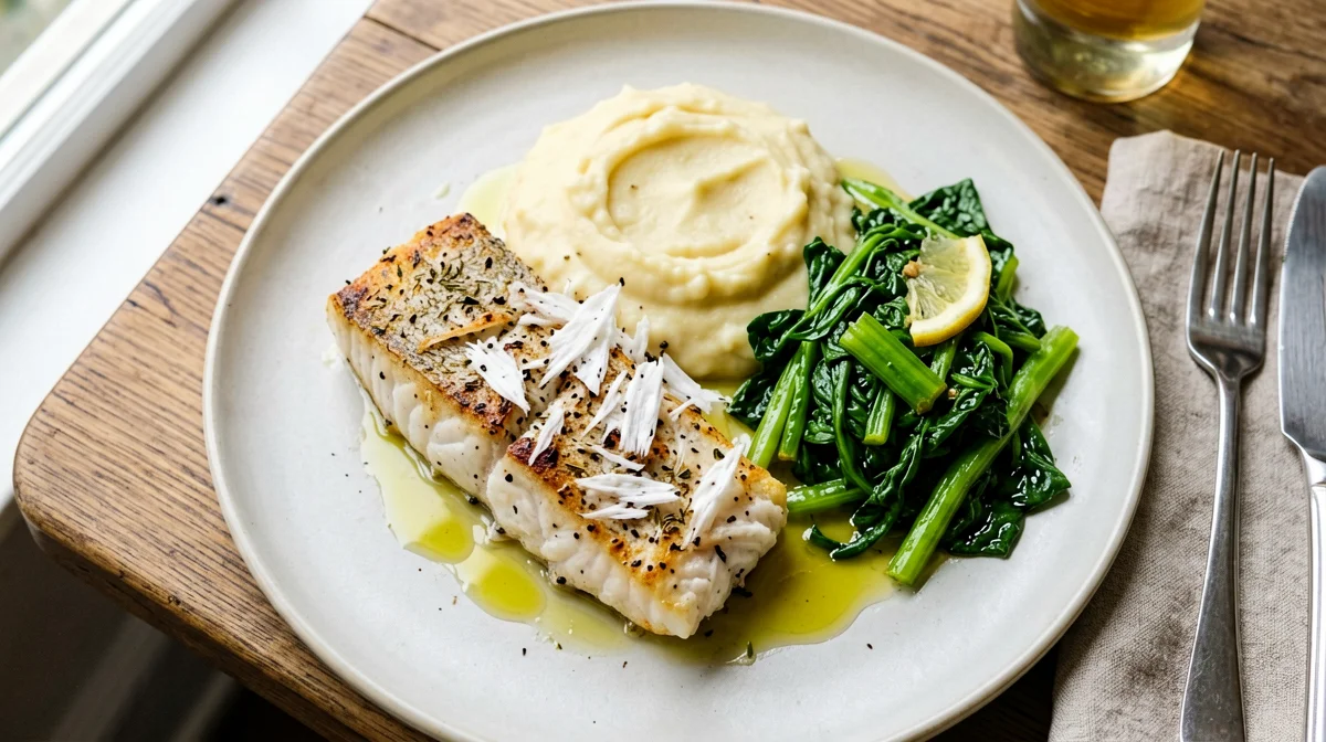 Baked cod with light skordalia and chard