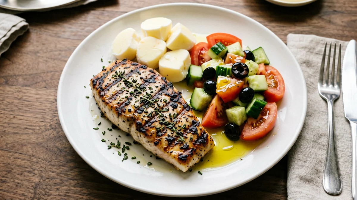 Pesce spada al limone e origano con patate e insalata greca