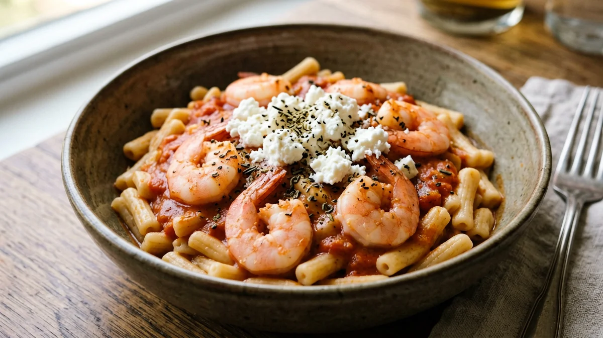 Kritharaki with prawns, tomato and feta