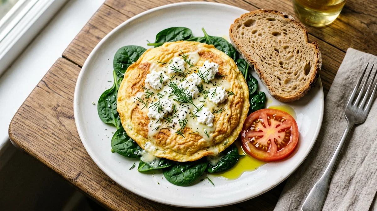 Omelette alla greca con spinaci, feta e pane integrale