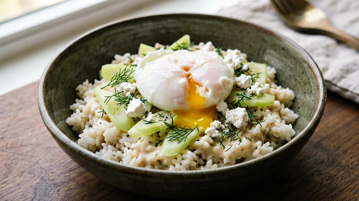 Prasorizo: leek and lemon rice with a poached egg