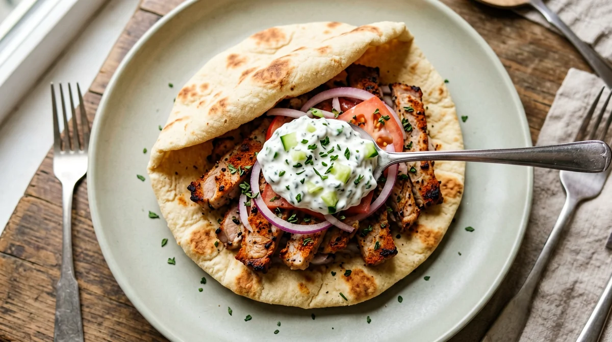 Oven-baked pork gyros in pita with tzatziki and tomatoes