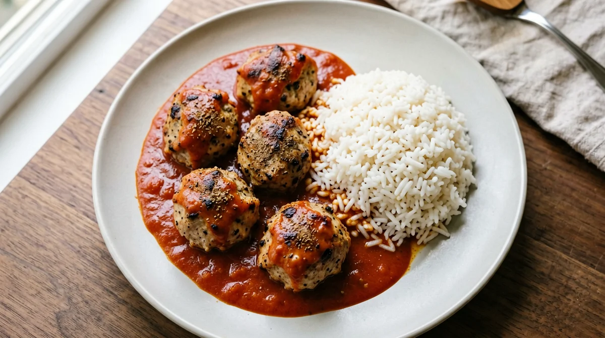 Light turkey soutzoukakia in tomato sauce with rice