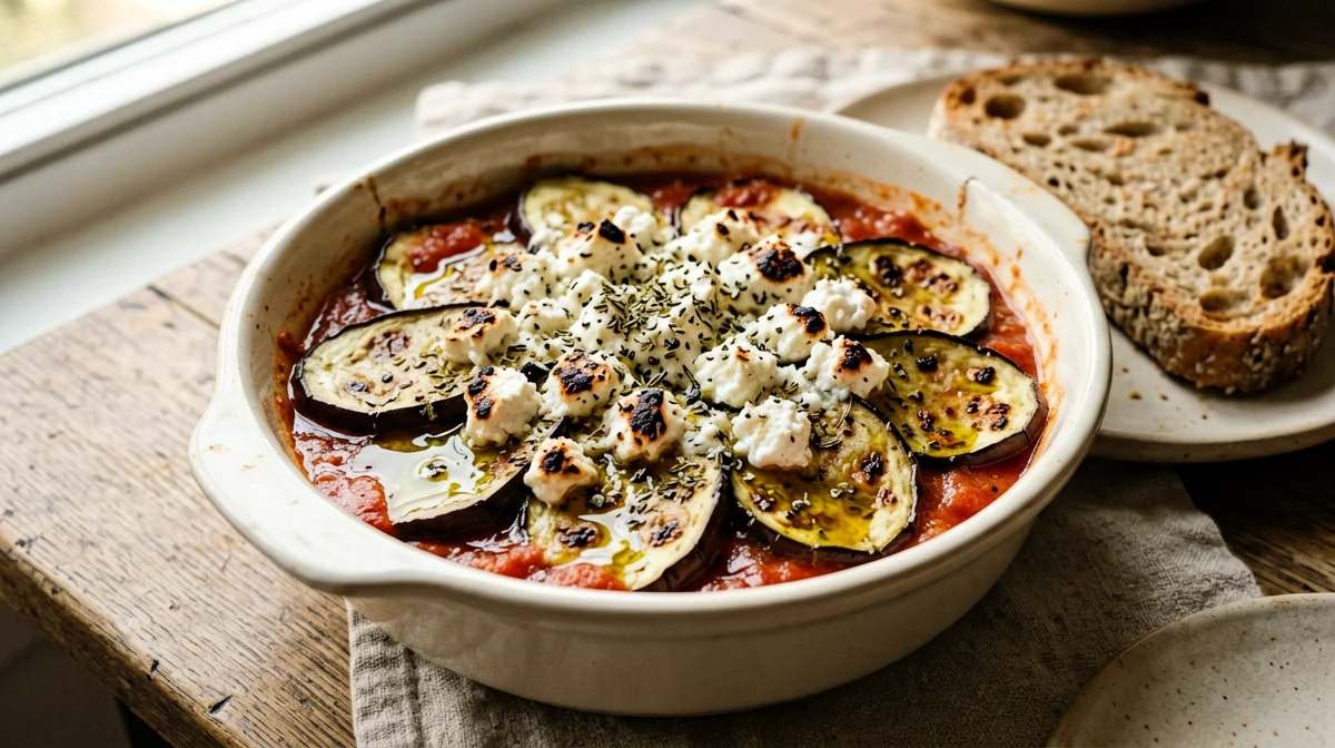 Melanzane al forno con pomodoro, feta e origano e pane integrale