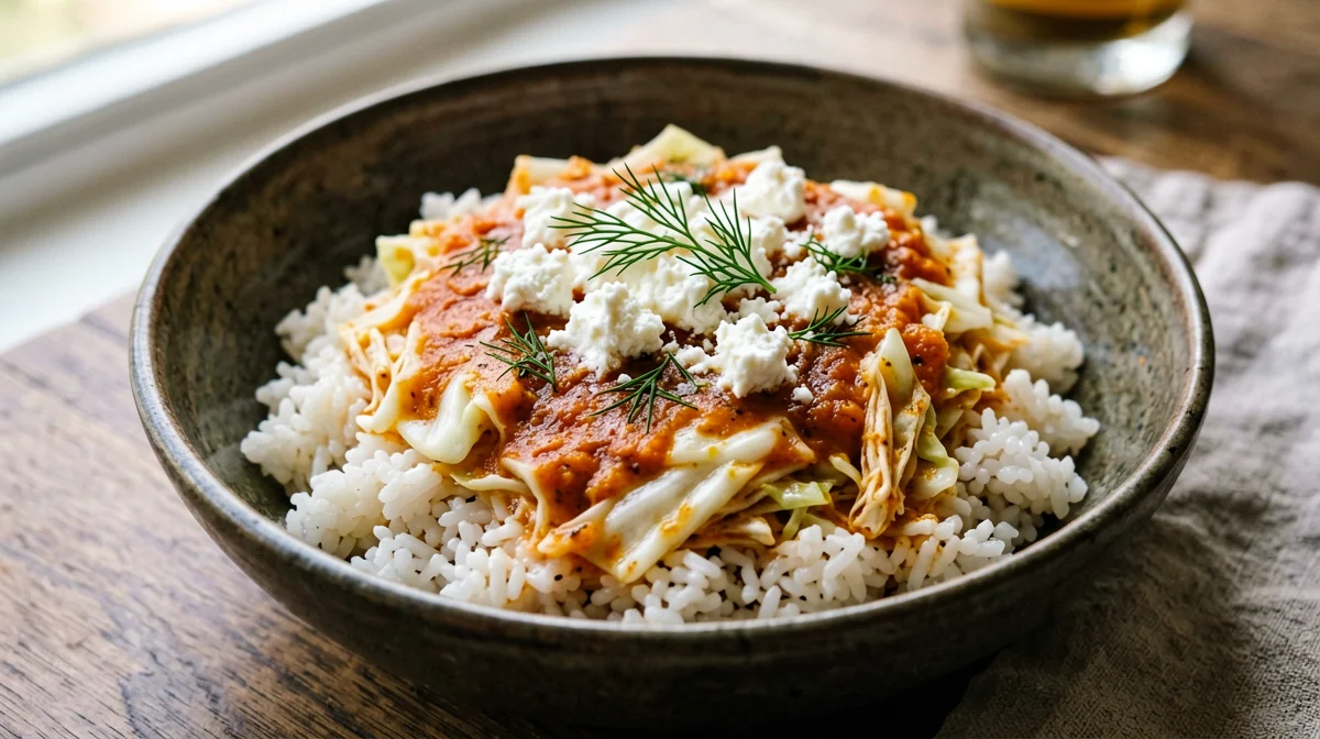 Lahanorizo: cavolo e riso al pomodoro con feta