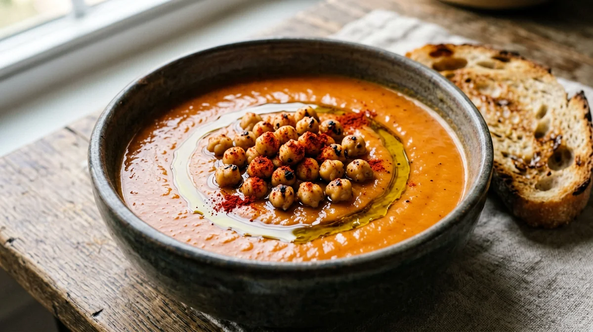 Gazpacho con ceci croccanti e pane tostato