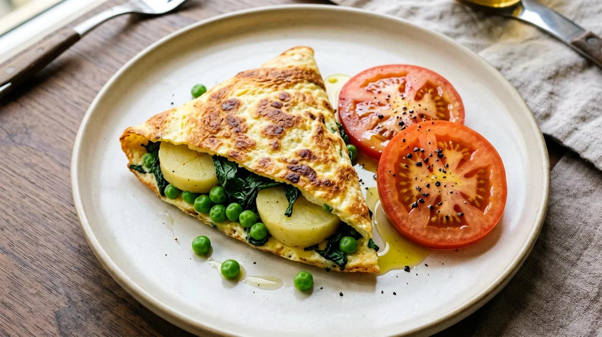 Baked potato, spinach and pea tortilla with tomato salad
