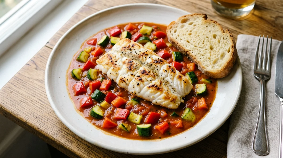 Pisto with baked cod and bread